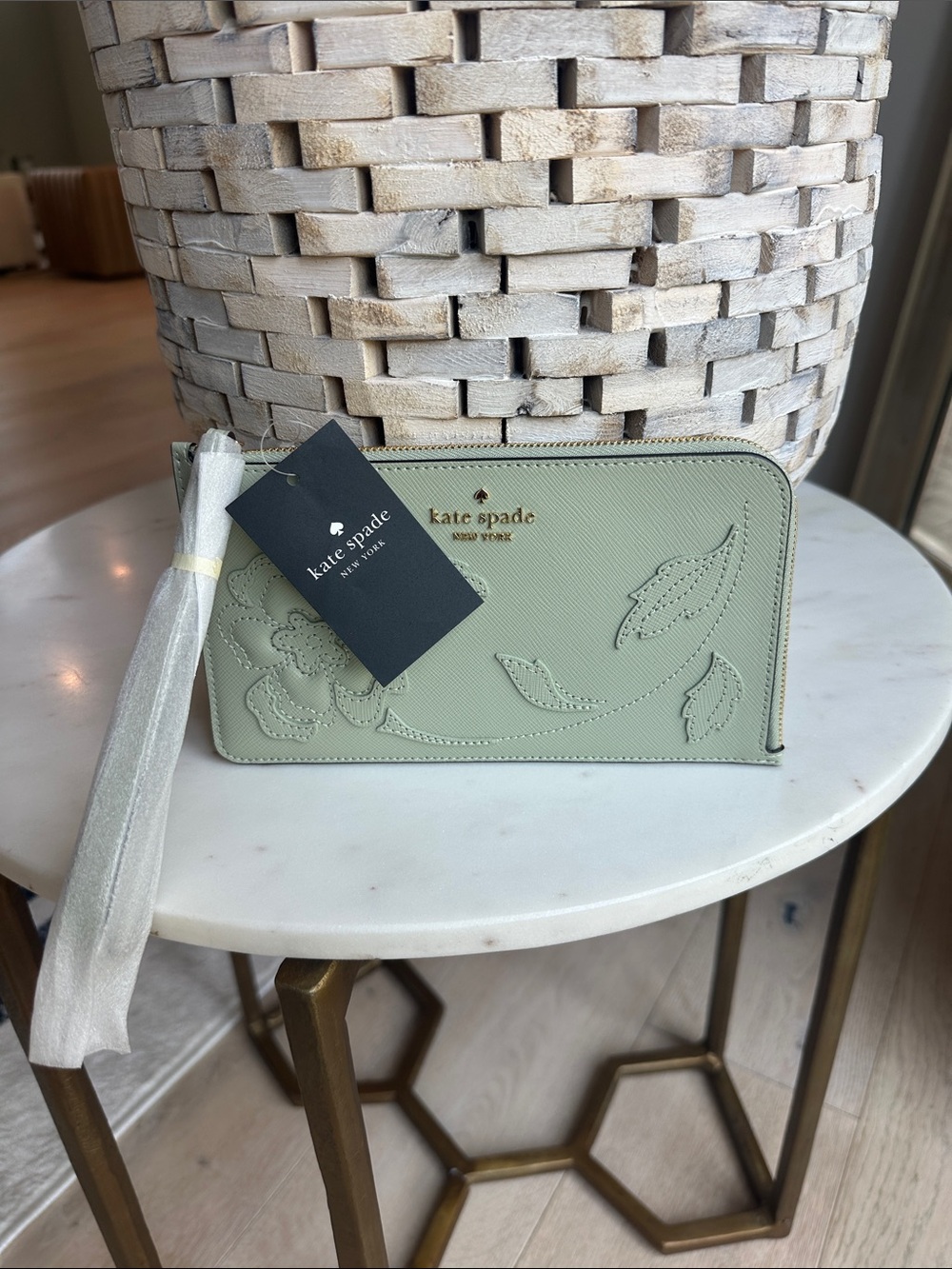 kate spade Sage Green Floral Zip Wallet with Gold Logo